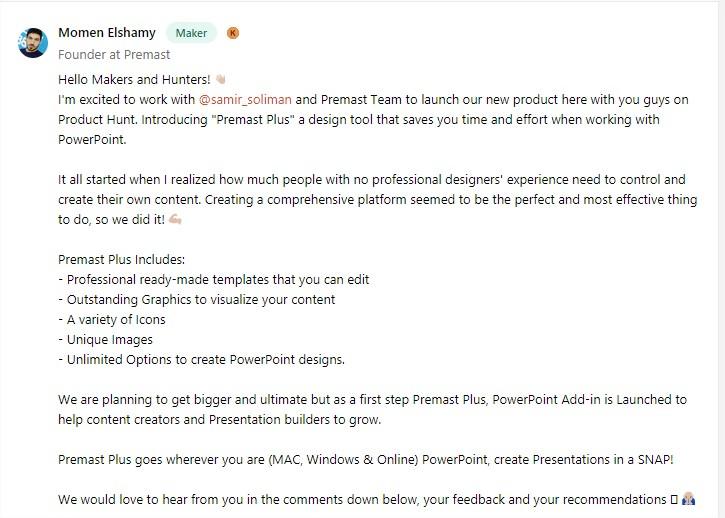 Premast Plus Maker comment on Product Hunt